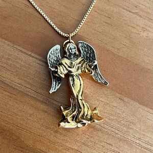 Gold and Silver Tone Angel Pendant on Gold Tone Chain 24 Inches